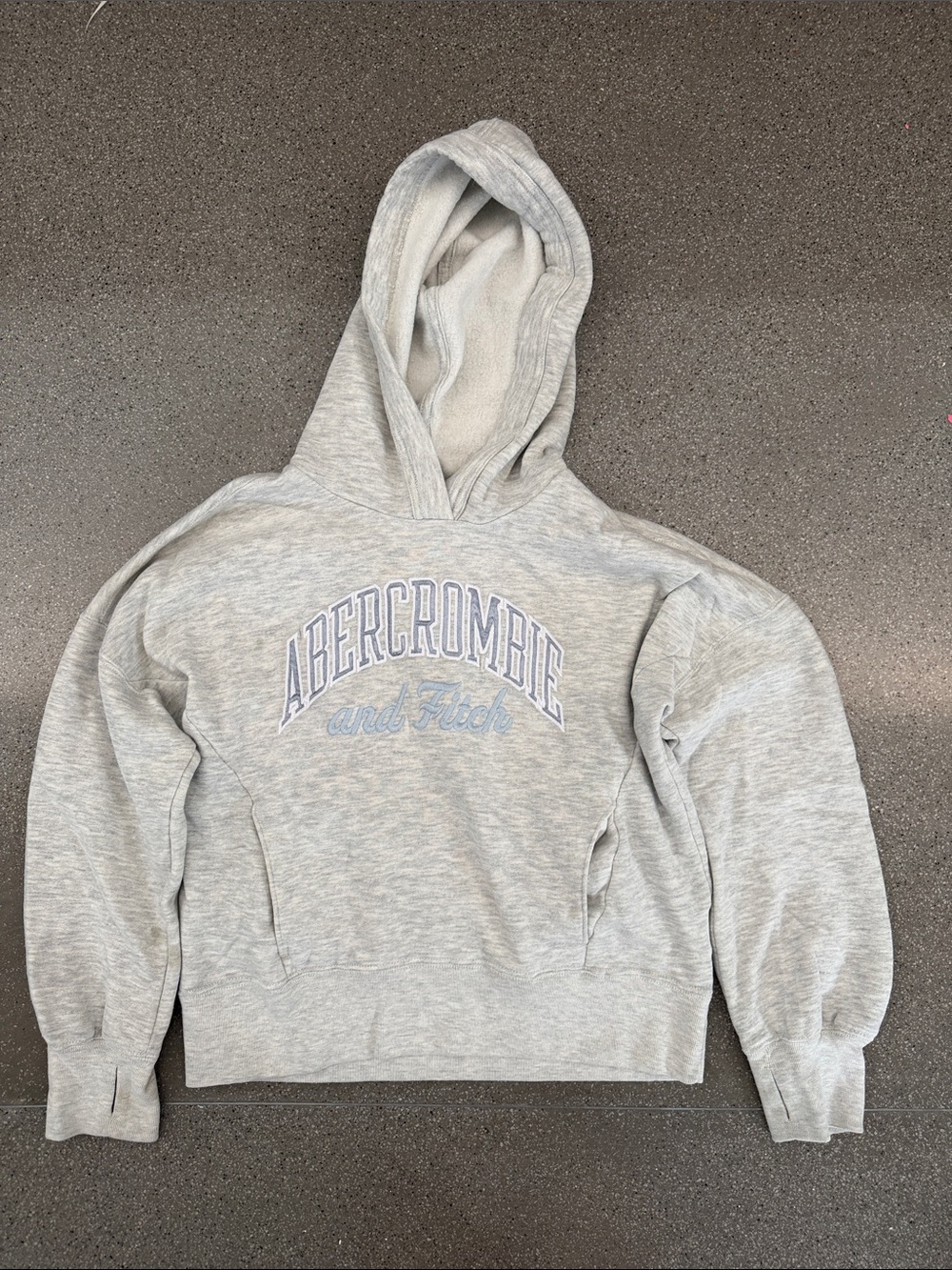 Abercrombie & Fitch Light Heather Gray Hoodie with Pale Blue Script